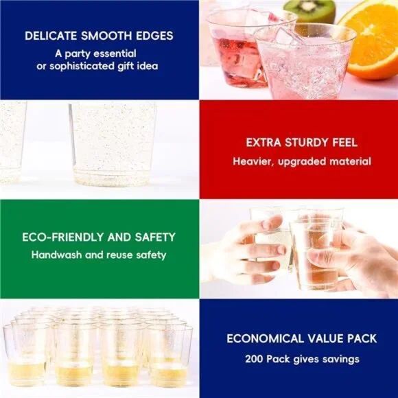 200 Pack 9 oz Glitter Plastic Cups, Disposable Gold Cups, Clear Plastic Tumblers